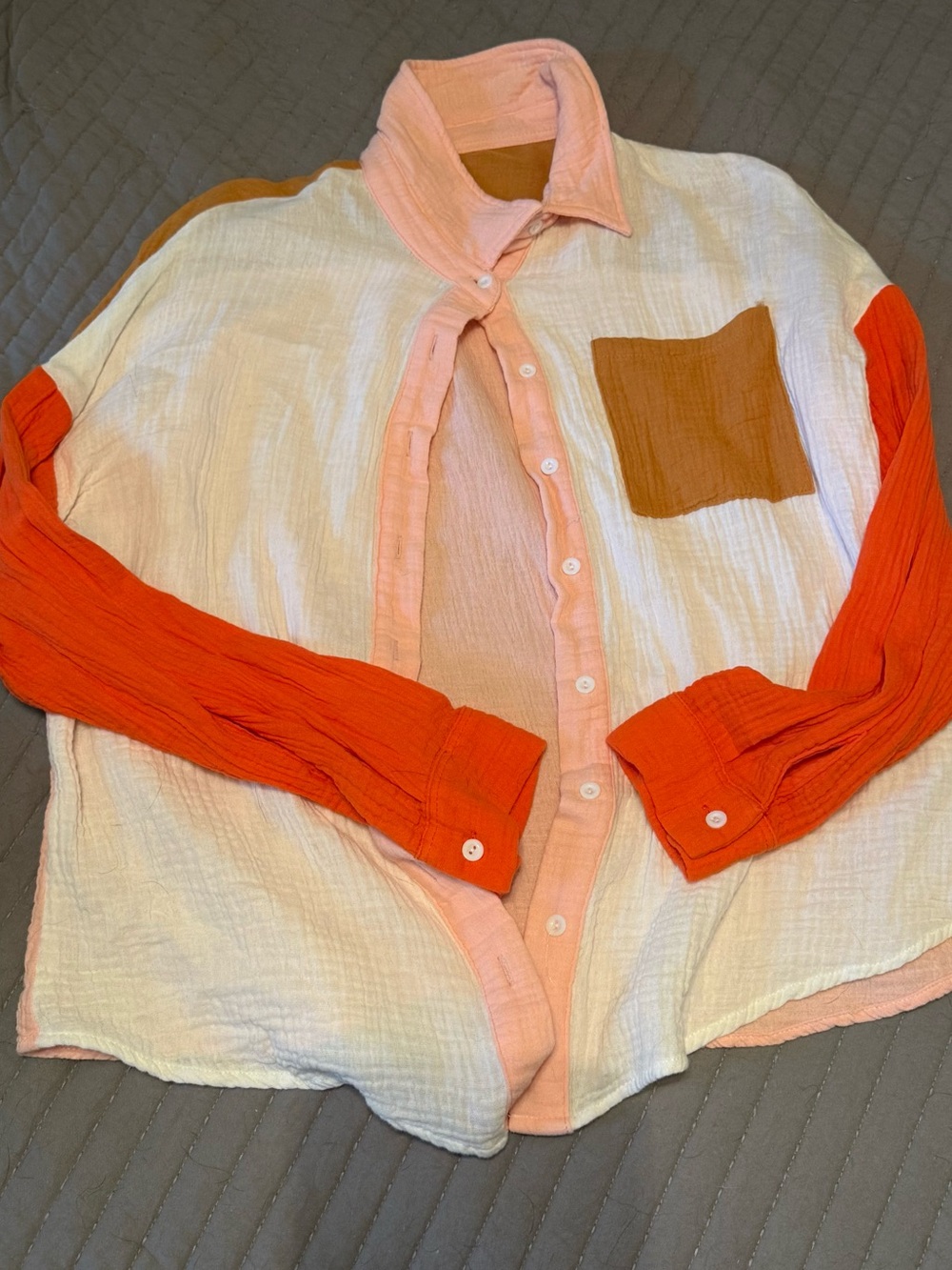 Colorblock Long-Sleeve Button-Up Shirt in White, Orange & Tan